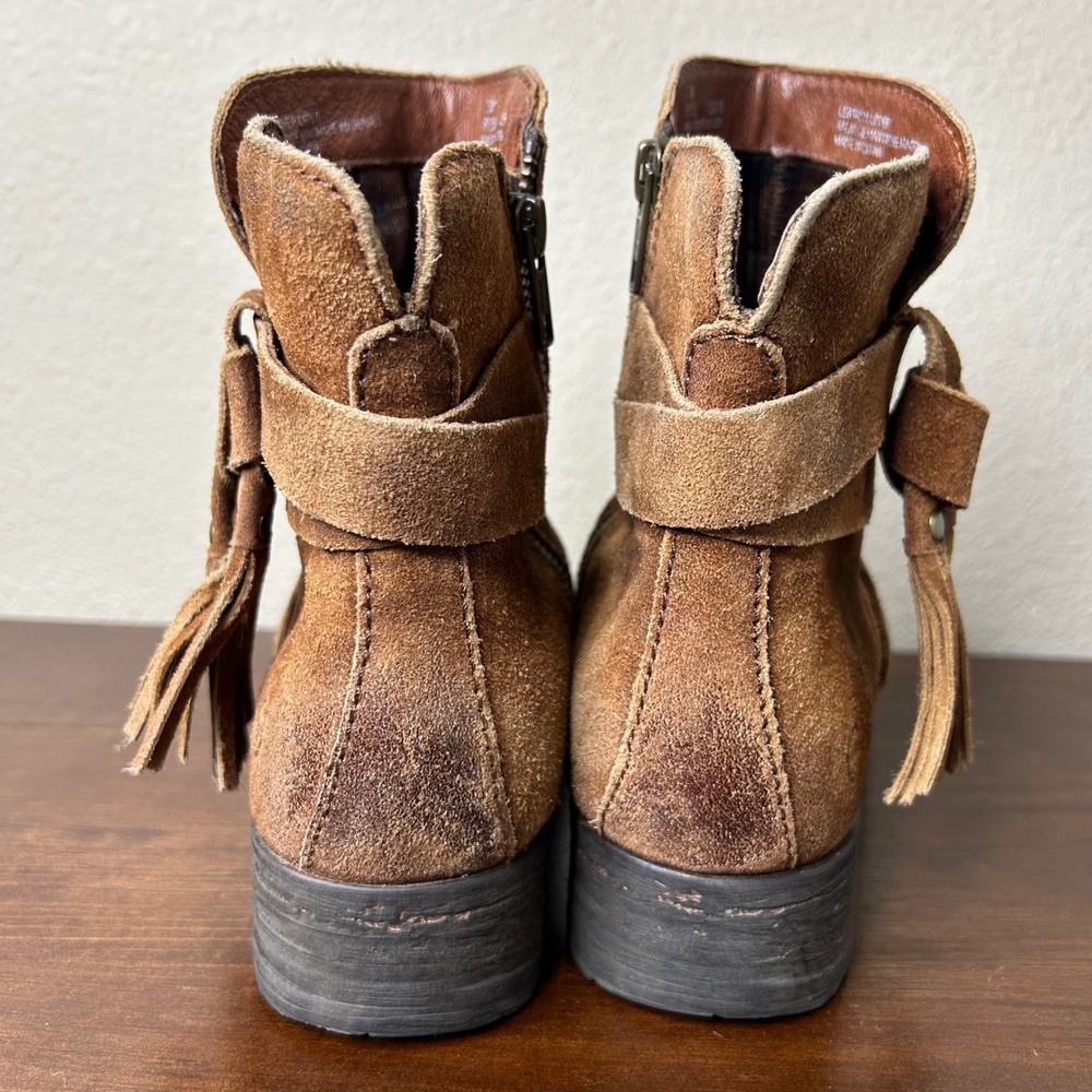 Born Boots Size 7.5 Eton F51326 Brown Suede Strappy‎ Tassel Ankle Low Heel Zip - Picture 3 of 9